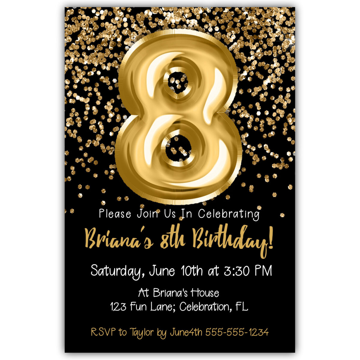 8th-birthday-invitation-gold-balloons-glitter-on-black-birthday-party