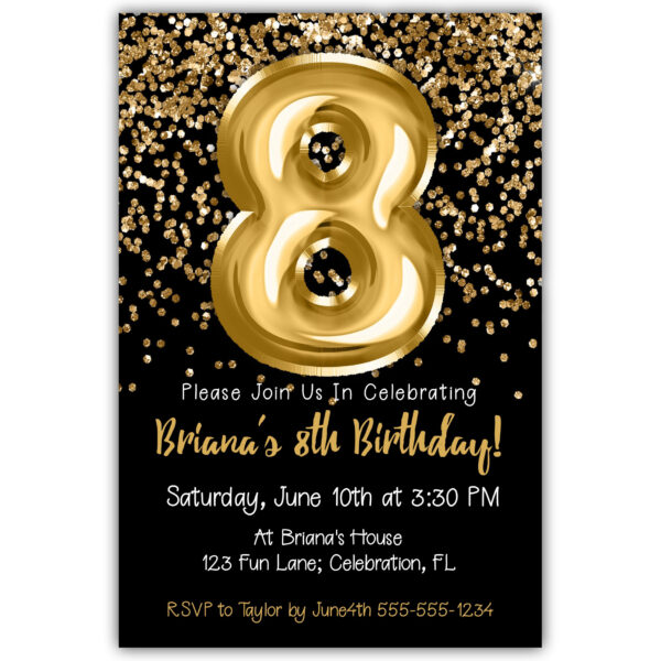 gold glitter foil balloons black 8th birthday invitation