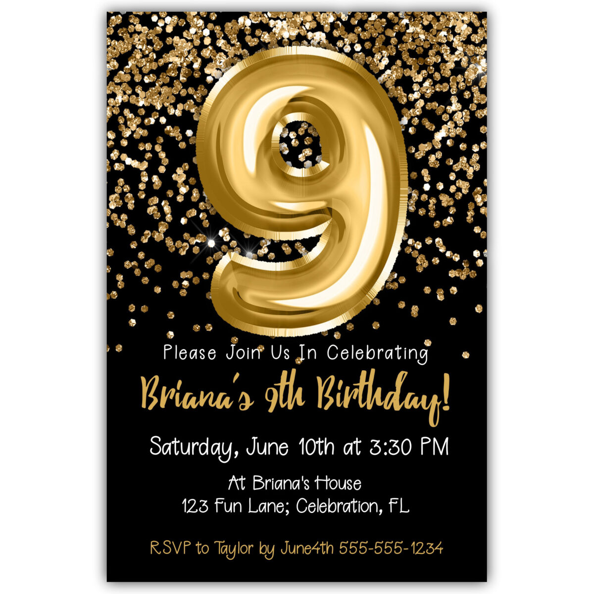 9th Birthday Invitation Gold Balloons Glitter on Black Birthday Party ...