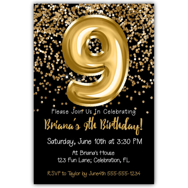 gold glitter foil balloons black 9th birthday invitation