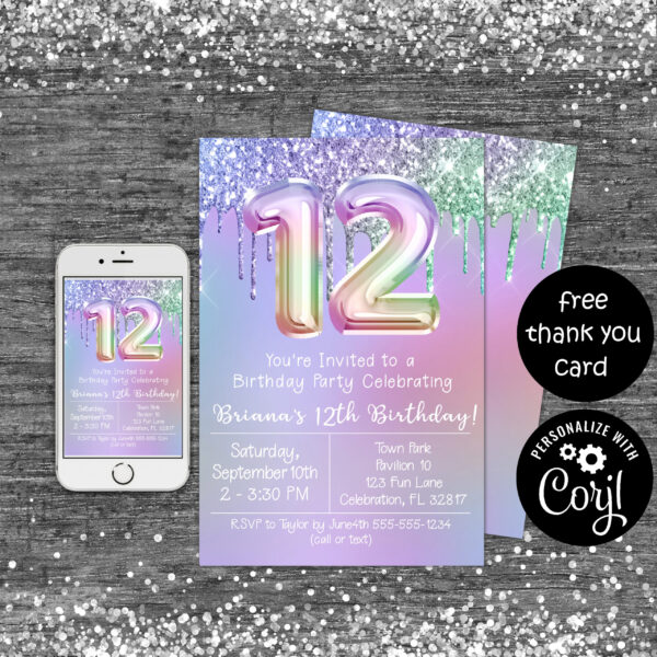 12th birthday invitation 12 year old party rainbow glitter drips digital download