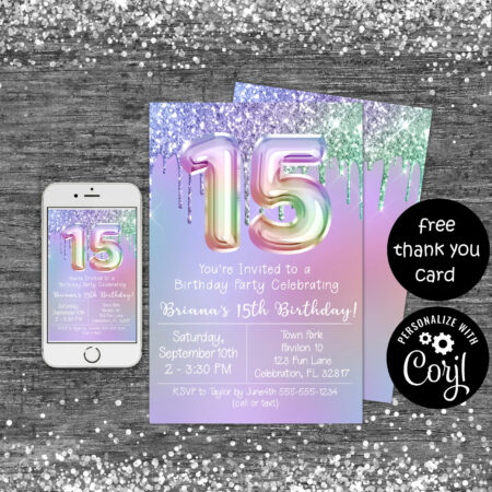 15th birthday invitation 15 year old party rainbow glitter drips digital download