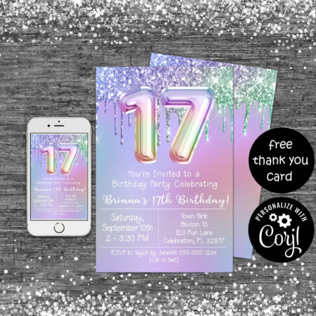 17th birthday invitation 17 year old party rainbow glitter drips digital download