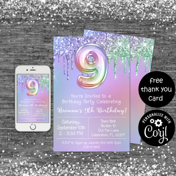 9th birthday invitation 9 year old party rainbow glitter drips digital download