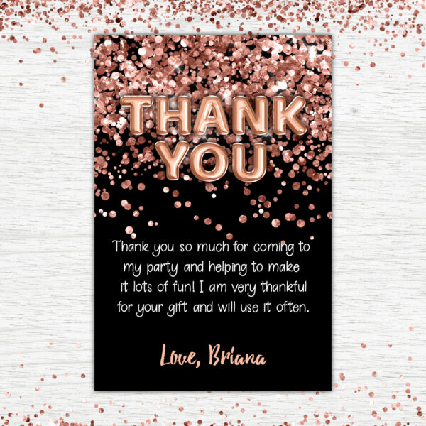 rose gold foil balloons black thank you card