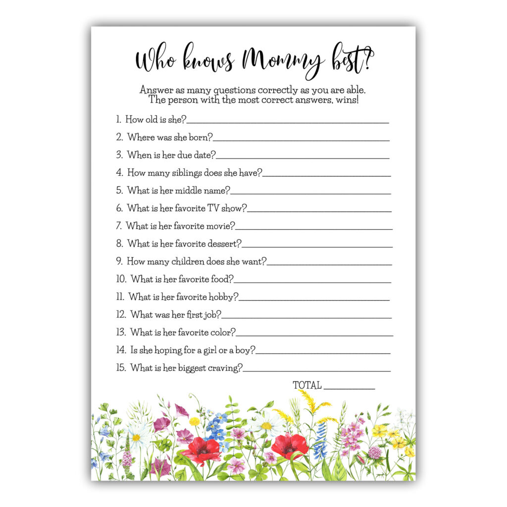 Wildflowers Baby Shower Game Who Knows Mommy Best