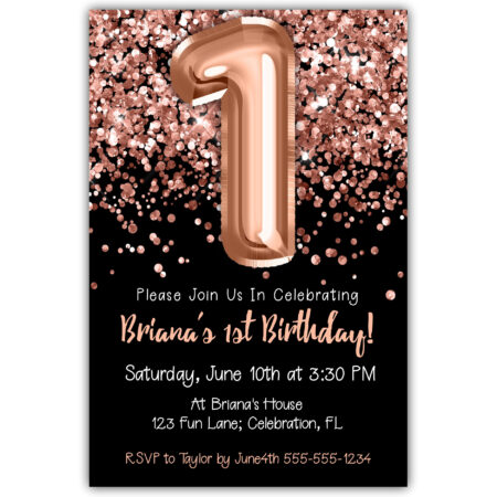 rose gold foil balloons black 1st birthday invitation