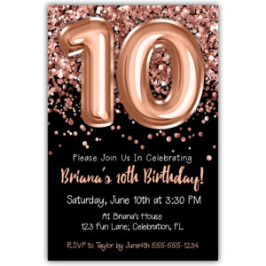 10th Birthday Invitation Rose Gold Balloons Glitter on Black Birthday Party Invite for a 10 Year Old