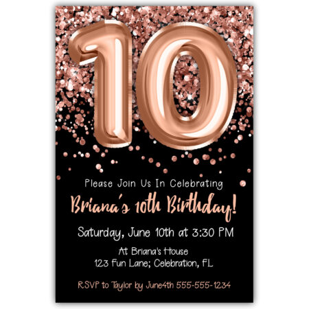 rose gold foil balloons black 10th birthday invitation