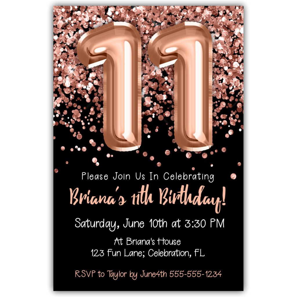 11th-birthday-invitation-rose-gold-balloons-glitter-on-black-birthday