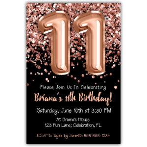 11th Birthday Invitation Rose Gold Balloons Glitter on Black Birthday Party Invite for a 11 Year Old