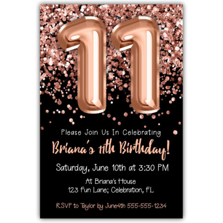 rose gold foil balloons black 11th birthday invitation