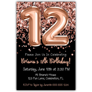 12th Birthday Invitation Rose Gold Balloons Glitter on Black Birthday Party Invite for a 12 Year Old