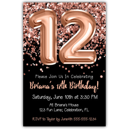 rose gold foil balloons black 12th birthday invitation