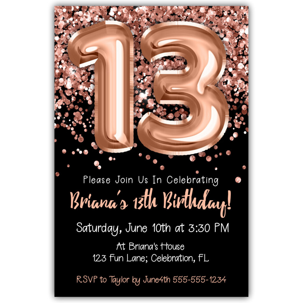 13th-birthday-invitation-rose-gold-balloons-glitter-on-black-birthday