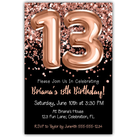 rose gold foil balloons black 13th birthday invitation