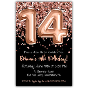 14th Birthday Invitation Rose Gold Balloons Glitter on Black Birthday Party Invite for a 14 Year Old