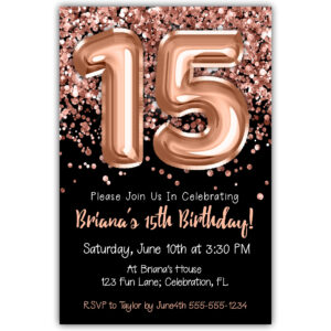 15th Birthday Invitation Rose Gold Balloons Glitter on Black Birthday Party Invite for a 15 Year Old