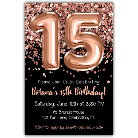 rose gold foil balloons black 15th birthday invitation