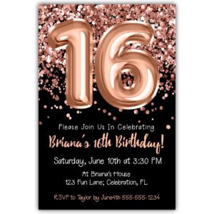 16th Birthday Invitation Rose Gold Balloons Glitter on Black Birthday Party Invite for a 16 Year Old