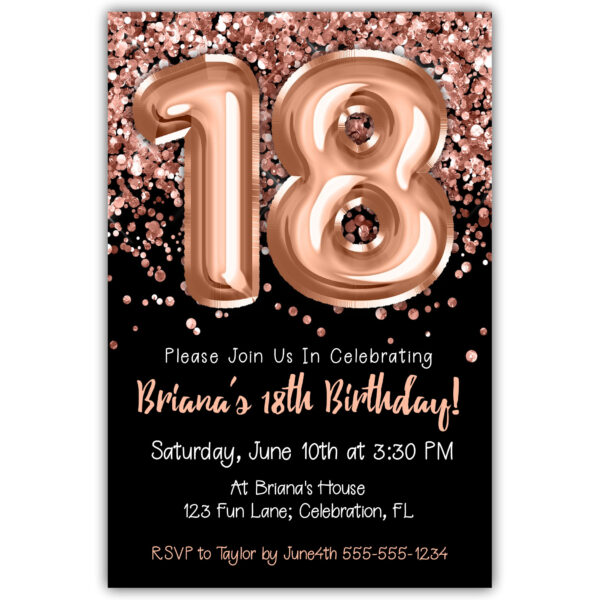 18th Birthday Invitation Rose Gold Balloons Glitter on Black Birthday Party Invite for a 18 Year Old