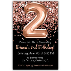 2nd Birthday Invitation Rose Gold Balloons Glitter on Black Birthday Party Invite for a 2 Year Old