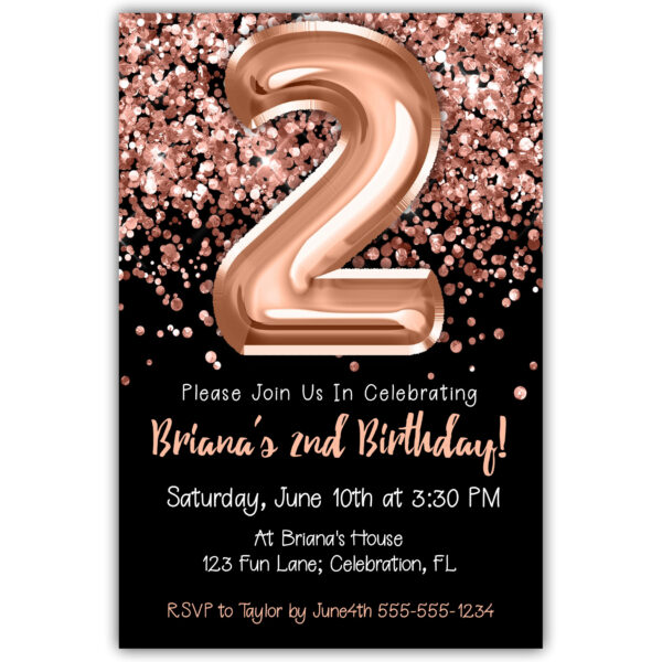 rose gold foil balloons black 2nd birthday invitation