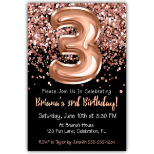 3rd Birthday Invitation Rose Gold Balloons Glitter on Black Birthday Party Invite for a 3 Year Old