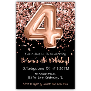 4th Birthday Invitation Rose Gold Balloons Glitter on Black Birthday Party Invite for a 4 Year Old