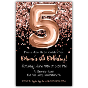 5th Birthday Invitation Rose Gold Balloons Glitter on Black Birthday Party Invite for a 5 Year Old