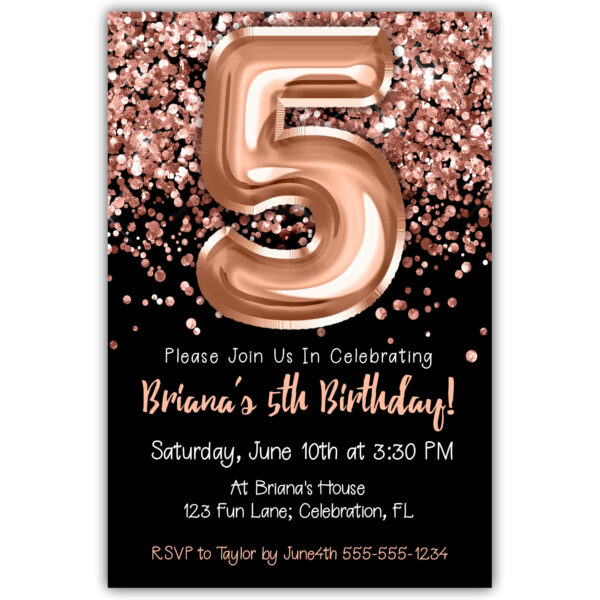 rose gold foil balloons black 5th birthday invitation