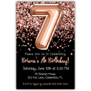 7th Birthday Invitation Rose Gold Balloons Glitter on Black Birthday Party Invite for a 7 Year Old