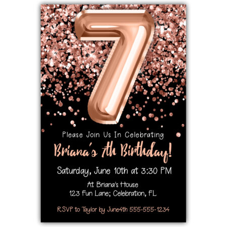 rose gold foil balloons black 7th birthday invitation
