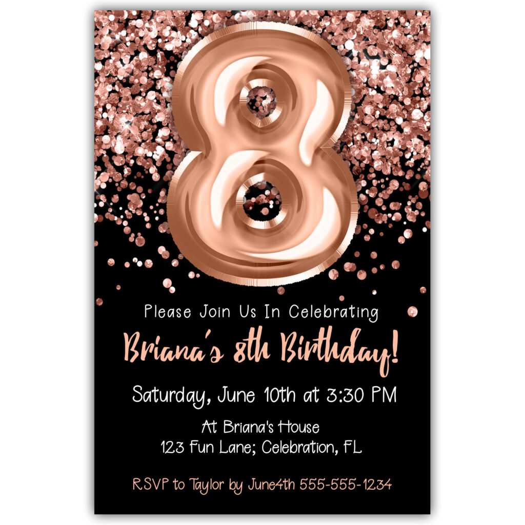 8th-birthday-invitation-rose-gold-balloons-glitter-on-black-birthday