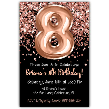 rose gold foil balloons black 8th birthday invitation