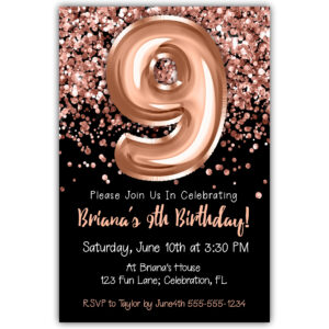 9th Birthday Invitation Rose Gold Balloons Glitter on Black Birthday Party Invite for a 9 Year Old
