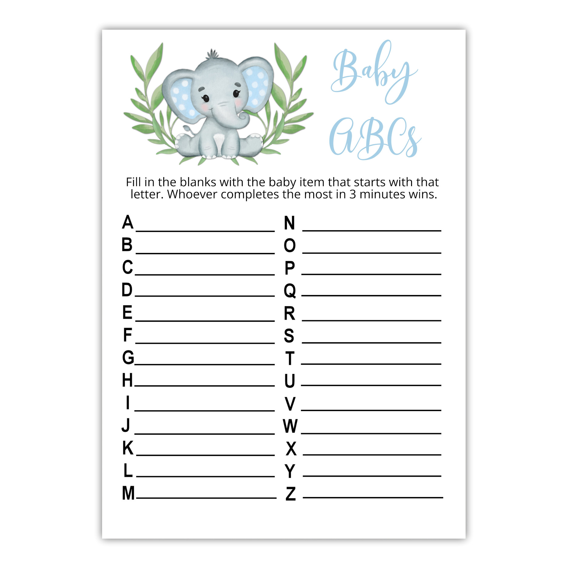 Blue Elephant Baby Shower Game Baby Animal Names for a Boy