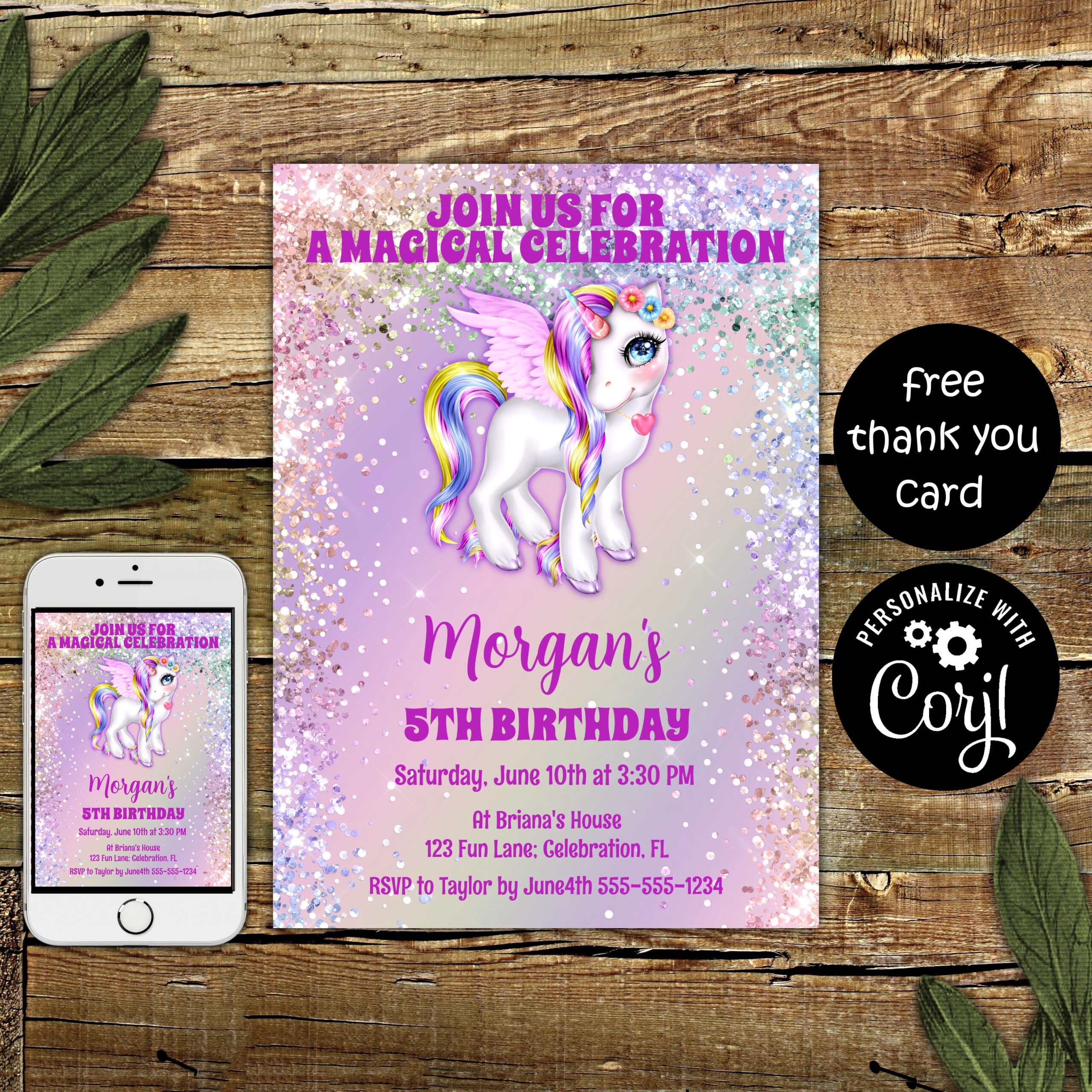 Rainbow glitter magical unicorn invitation download