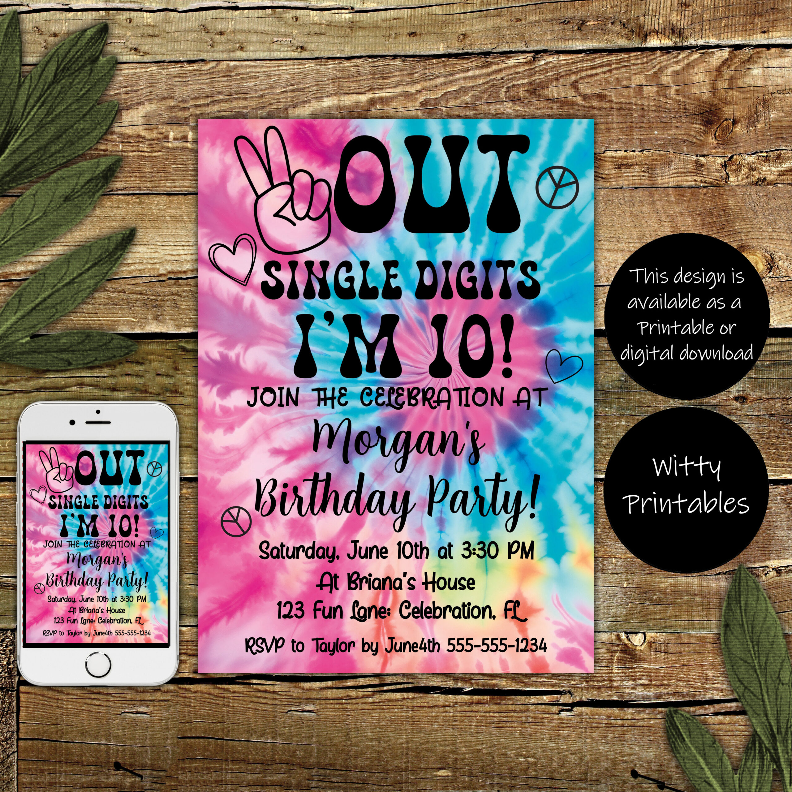 tie dye peace out invitation