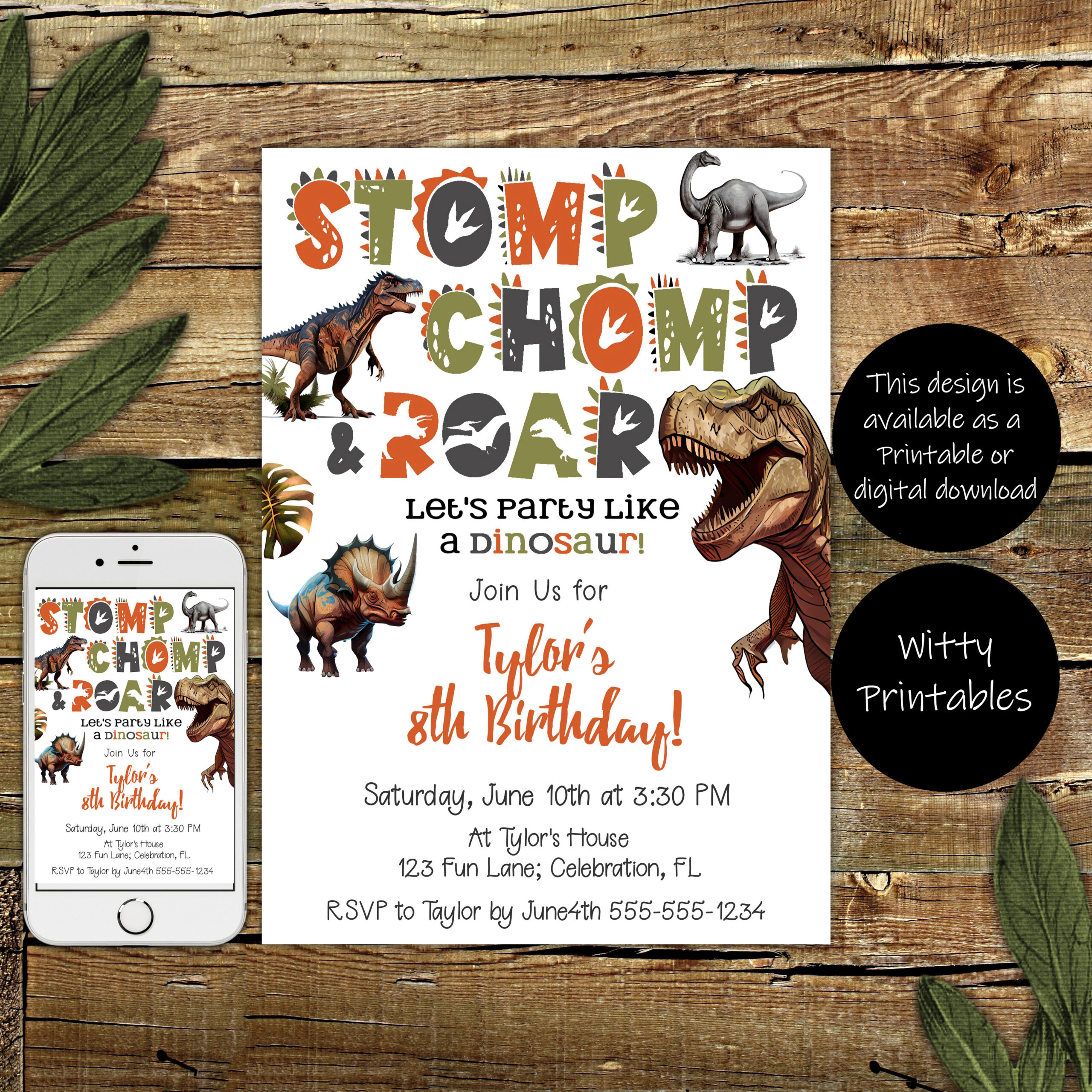 dinosaur party invitation, boys party invitation,birthday party invitation