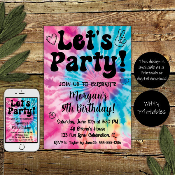 Tie Die Let's Party Birthday Party Invitation