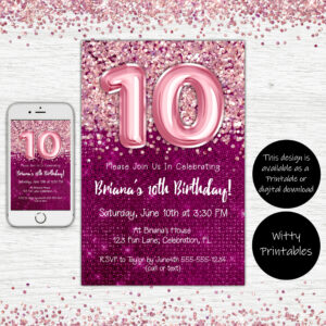 10th Birthday Invitation Magenta with Pink Balloons Glitter Birthday Party Invite for a 10 Year Old