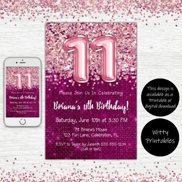 11th Birthday Invitation Magenta with Pink Balloons Glitter Birthday Party Invite for a 11 Year Old