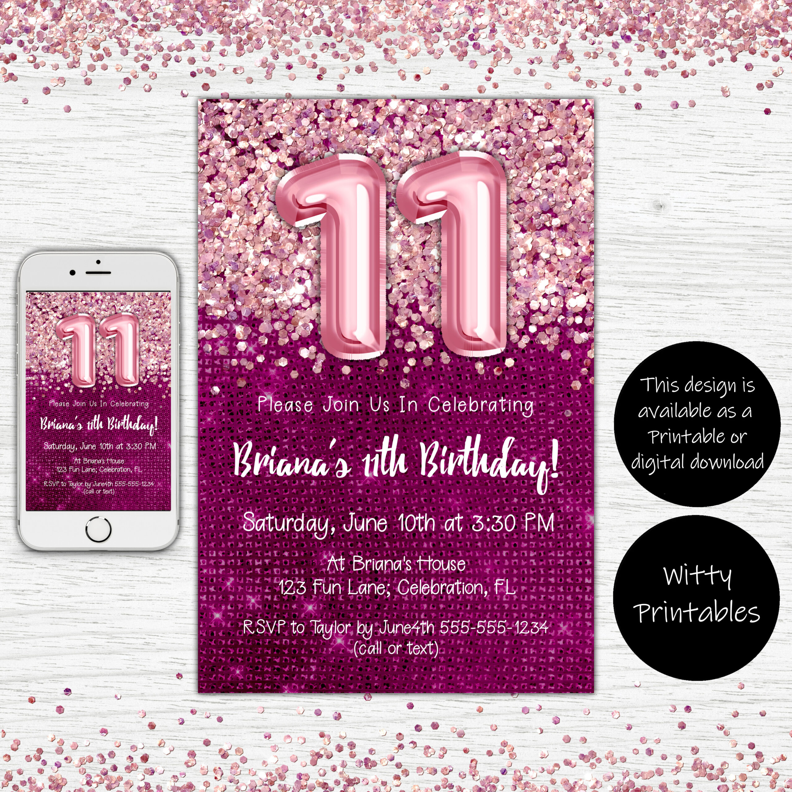 11th birthday invitation, party invite, magenta, pink, glitter