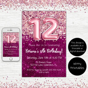 12th Birthday Invitation Magenta with Pink Balloons Glitter Birthday Party Invite for a 12 Year Old