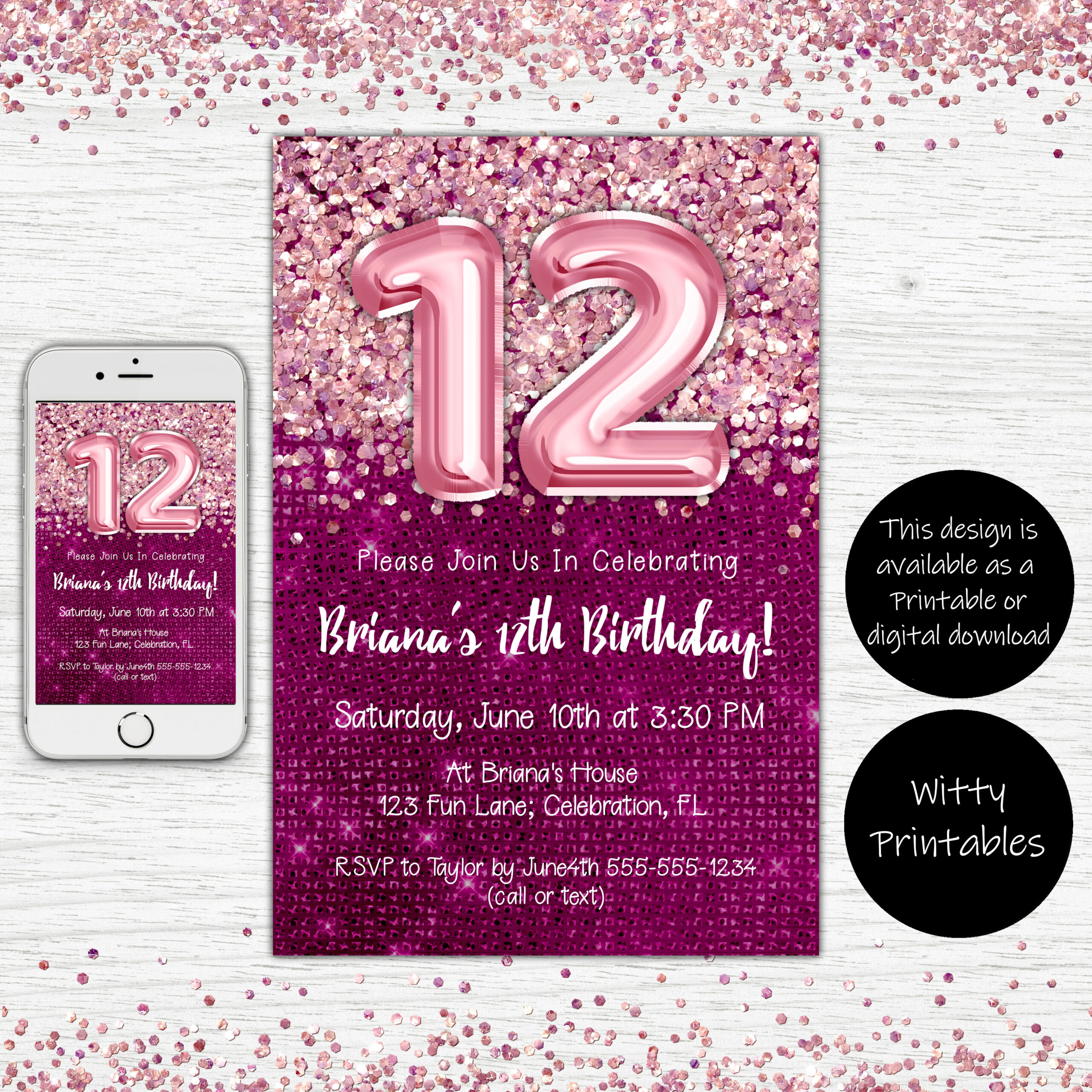 12th birthday invitation, party invite, magenta, pink, glitter