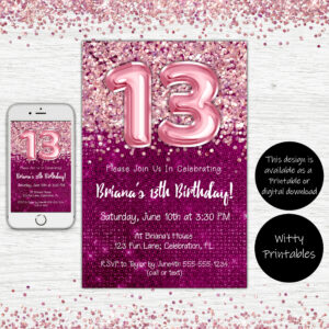 13th Birthday Invitation Magenta with Pink Balloons Glitter Birthday Party Invite for a 13 Year Old