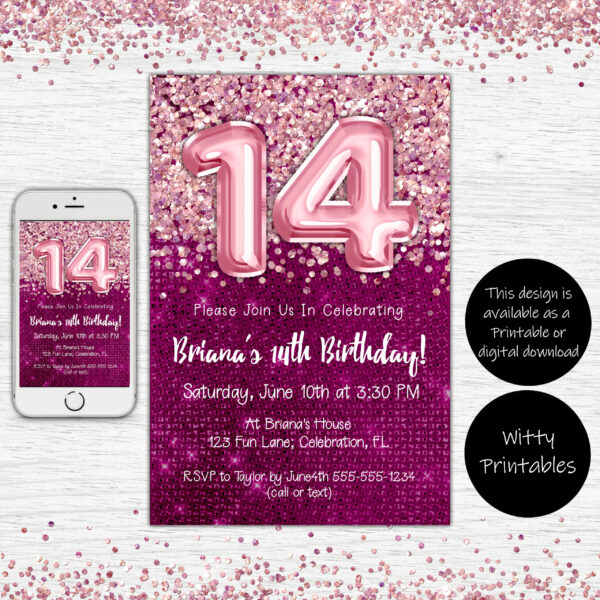 14th Birthday Invitation Magenta with Pink Balloons Glitter Birthday Party Invite for a 14 Year Old