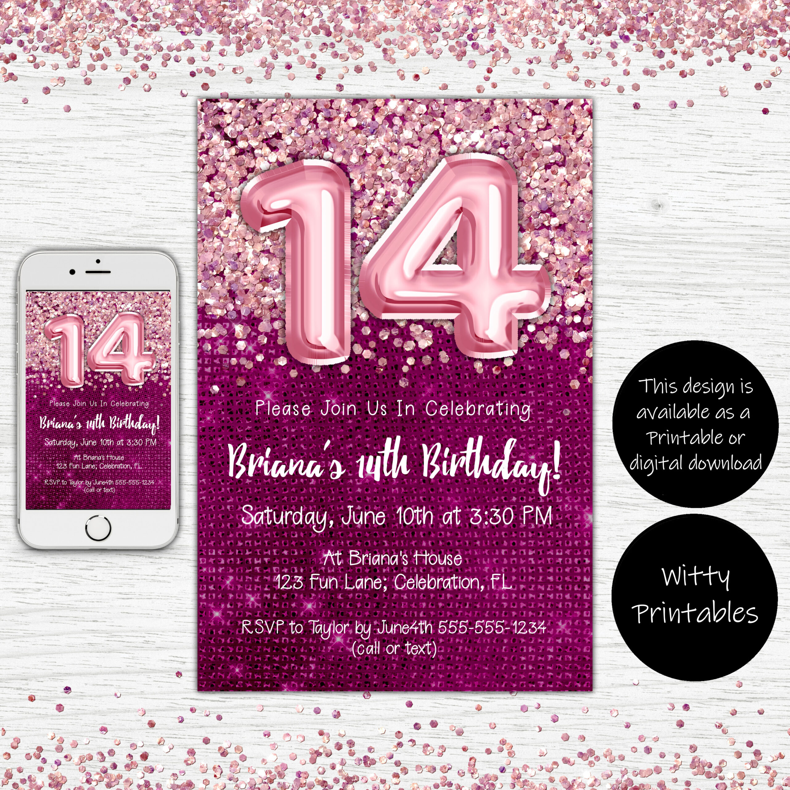 14th birthday invitation, party invite, magenta, pink, glitter
