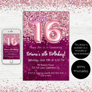 16th Birthday Invitation Magenta with Pink Balloons Glitter Birthday Party Invite for a 16 Year Old